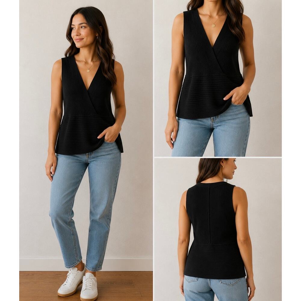 C'est City Black Sleeveless Blouse Top Minimalist Size XL Peplum Silk Blend